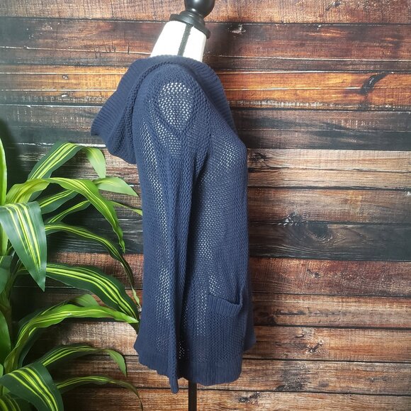 Talbots Medium Petite Open Hooded Loose Knit Cardigan Sweater Navy Blue Cotton - Picture 2 of 8